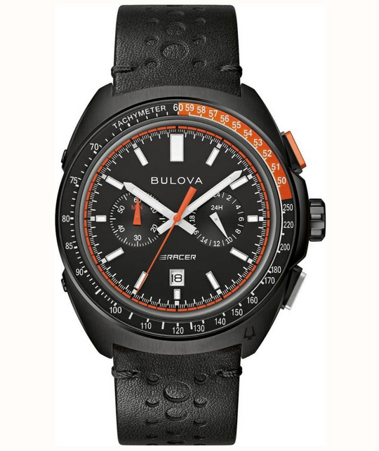 Bulova Men's Racer Chronograph Black Dial / Black Leather Strap