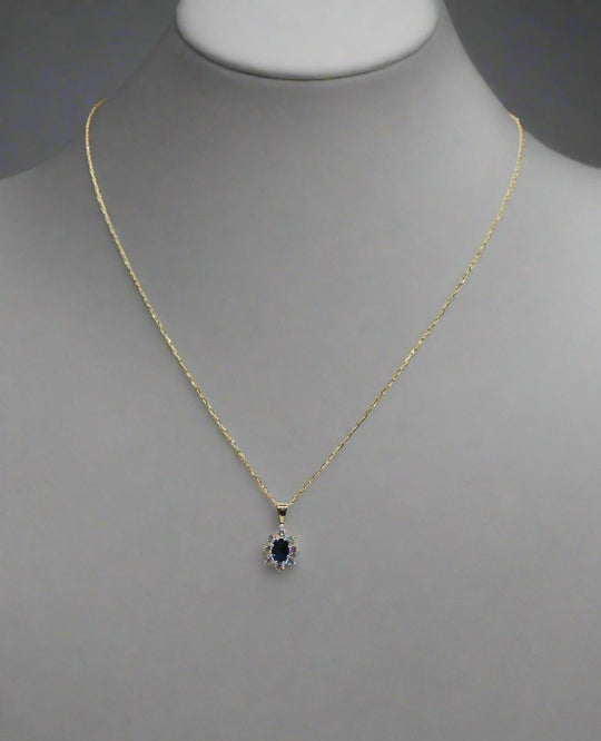 9ct Gold Created Sapphire & CZ Pendant Necklace