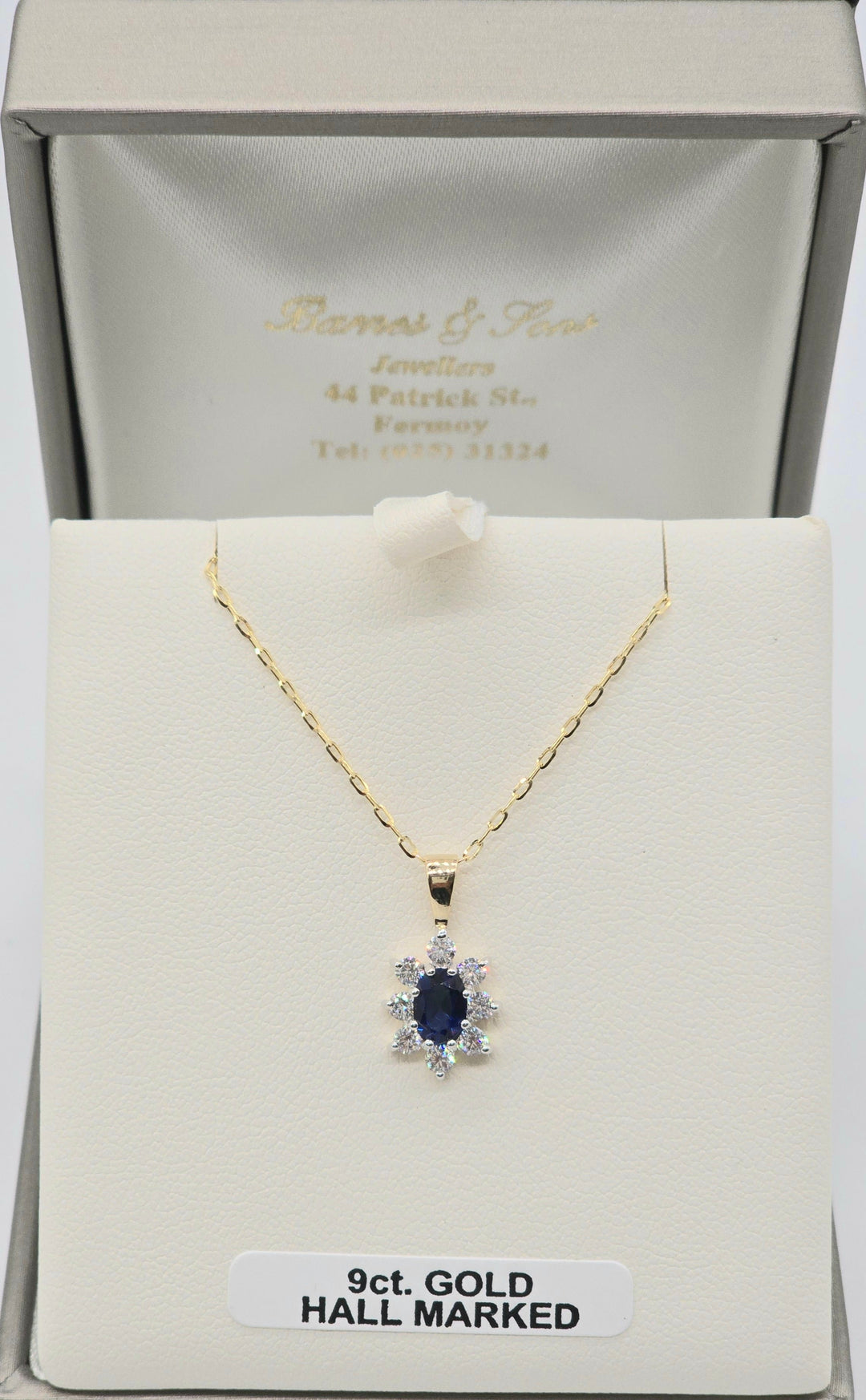 9ct Gold Created Sapphire & CZ Pendant Necklace